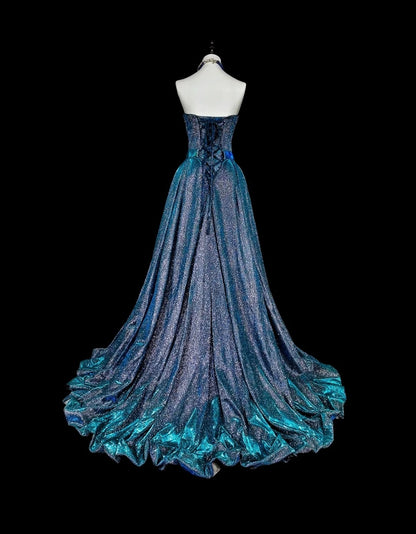 Vintage Ball Gown Sweetheart Navy Blue 70s Sequins Long Prom Gown Party Wear Dresses N1832