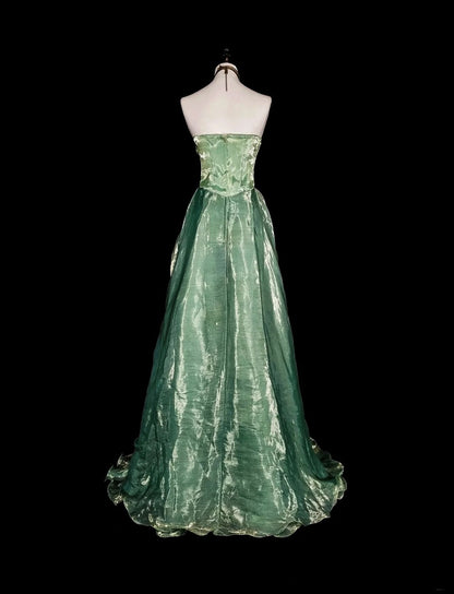 Vintage A Line Strapless Sage Green 70s Organza Long Prom Gown Party Wear Dresses N1835