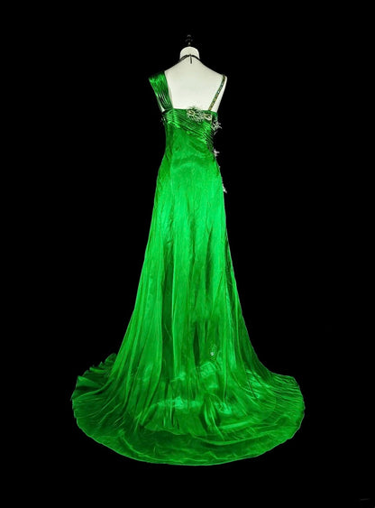 Vintage A Line Straps Green 70s With Pleated Beads Long Prom Gown Party Wear Dresses N1840