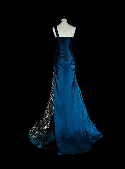 Vintage Prom Dresses Mermaid One Shoulder Navy Blue Satin With Beads Lace Long Party Dress N2371