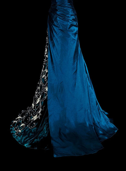Vintage Prom Dresses Mermaid One Shoulder Navy Blue Satin With Beads Lace Long Party Dress N2371