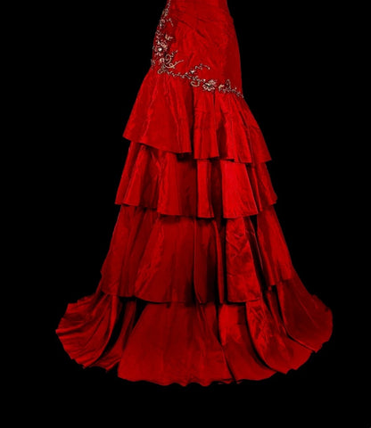 Vintage Mermaid Spaghetti Strap Red With Lace Appliques Beadings Long Prom Gown Party Wear Fashion Dresses N1828
