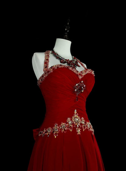 Vintage 1760s A Line Halter Red With Back Bow-knot Sleeveless Pleated Long Prom Dresses N1587