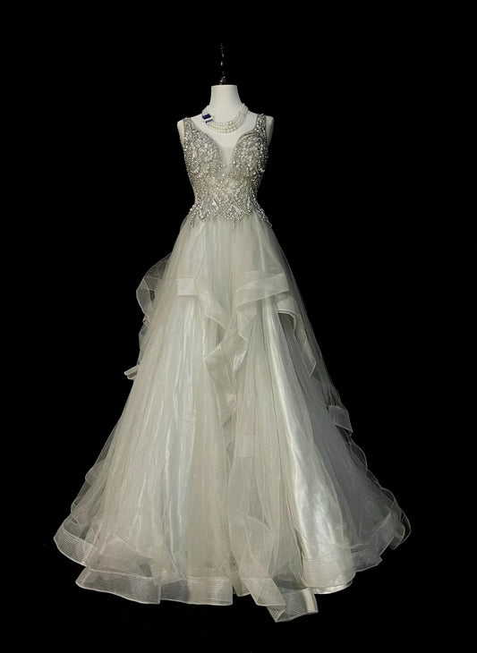 Vintage Ball Gown V Neck Silver Tulle With Beaded Prom Sweet 16 Dresses Quinceanera Dress Long 15 Vestidos De Fiesta N1439
