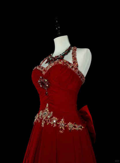 Vintage 1760s A Line Halter Red With Back Bow-knot Sleeveless Pleated Long Prom Dresses N1587