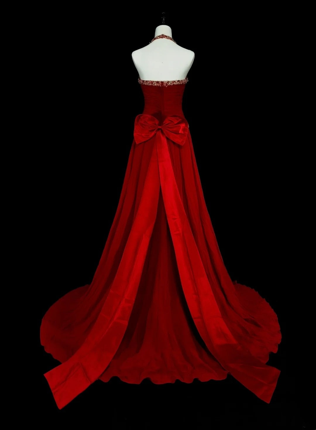 Vintage 1760s A Line Halter Red With Back Bow-knot Sleeveless Pleated Long Prom Dresses N1587