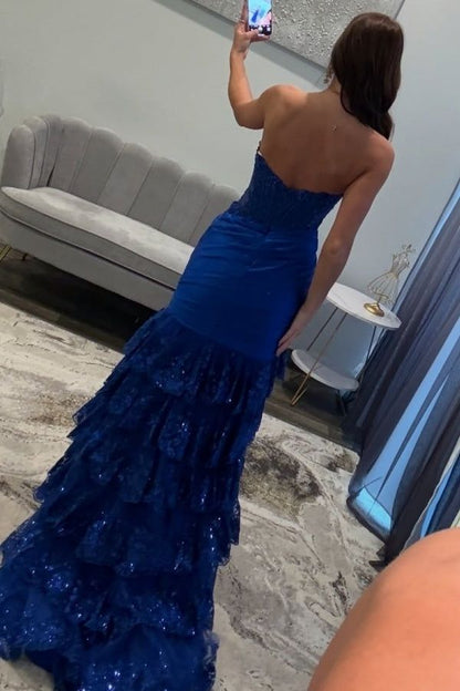 Mermaid Strapless Sequins Lace Appliques Prom Dress 2026 Formal Evening Gowns AB504