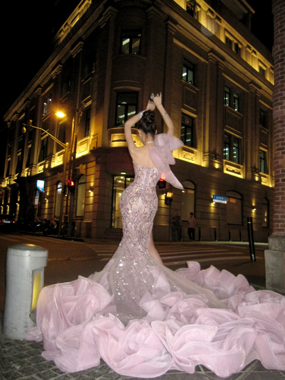 New Mermaid One Shoulder Pink Layered Prom Dress Aesthetic Long Graduation Evening Outfits N078