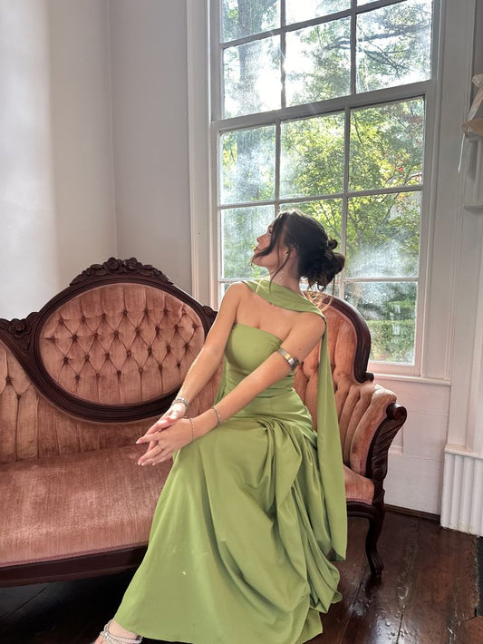 Modest A Line Strapless Satin Sage Green Prom Dresses Inspo Simple Long Prom Gowns With Scarf N288