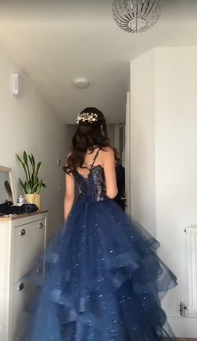 Unique Ball Gown Spaghetti Straps Navy Blue Tulle Lace Prom Dresses Party Dress 21st Birthday Outfits Graduation Dress RB896