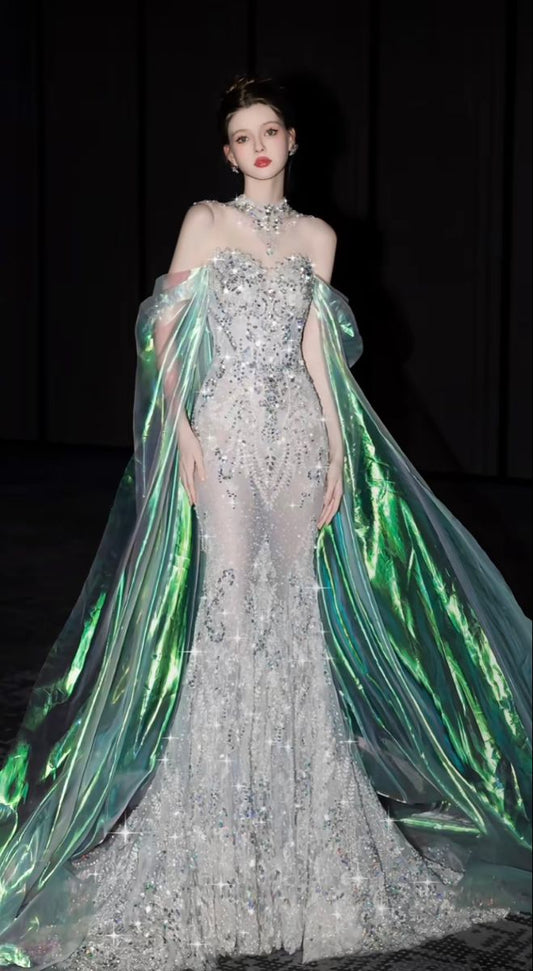 Charming High Neck Long Sleeves Mermaid Silver Green Organza Prom Dress With Beadings Party Dress For Women AB1513