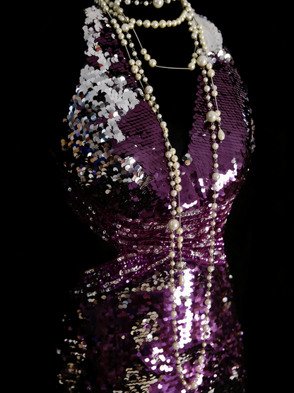Vintage Prom Dresses Aesthetic 1960s Retro Grape Sequins Backless Mermaid Long Party Dress N2136