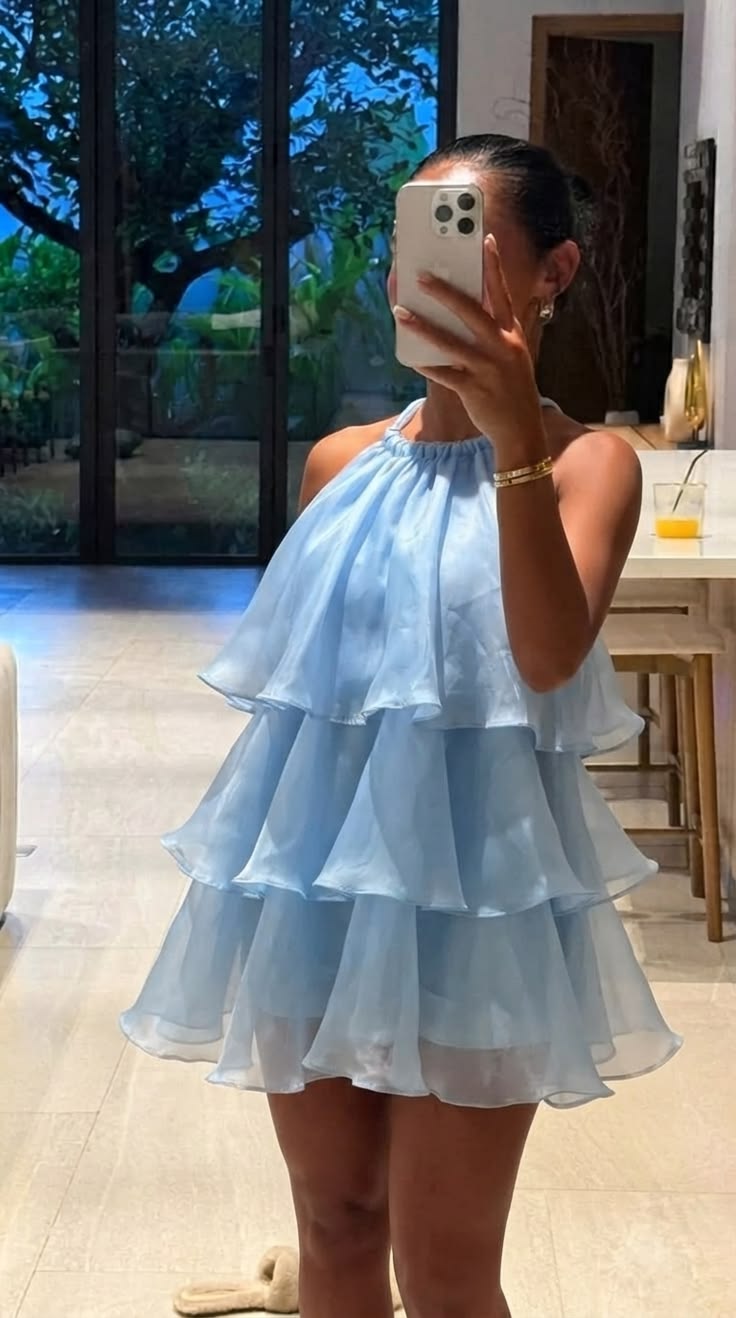 Simple A Line Birthday Dress Halter Blue Tiered Homecoming Dress Short Party Dress RB8169
