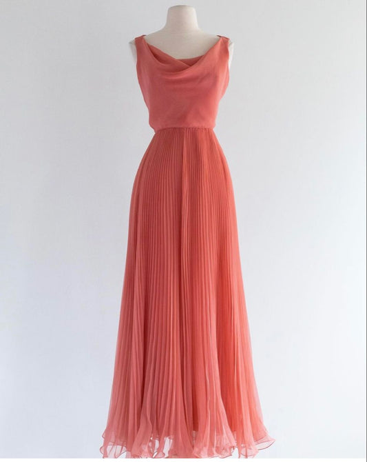 Modest A Line Coral Chiffon Pleated Spring Formal Dress Ankle Length Prom Dresses N2685