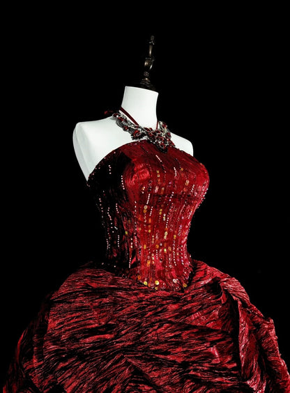 Modest Prom Dresses Ball Gown Halter Burgundy Taffeta With Ruffled Long Quince Dress N3067