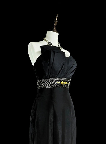 Vintage Prom Dresses Aesthetic 1970s Retro Mermaid Black Satin Long Formal Dress N2151