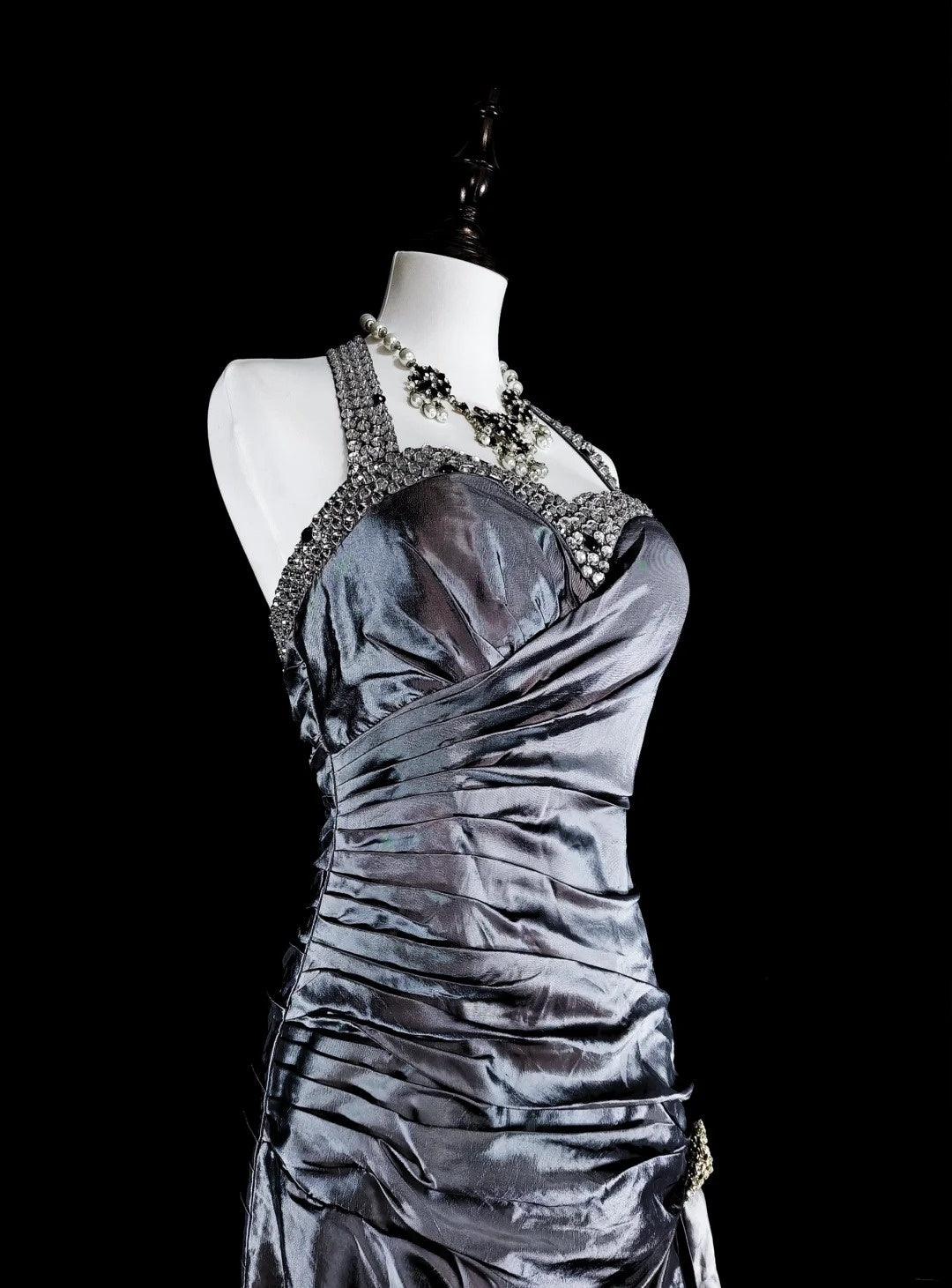 Vintage Prom Dresses Aesthetic Mermaid Halter Grey Taffeta Classic Inspo Formal Party Dress N1998