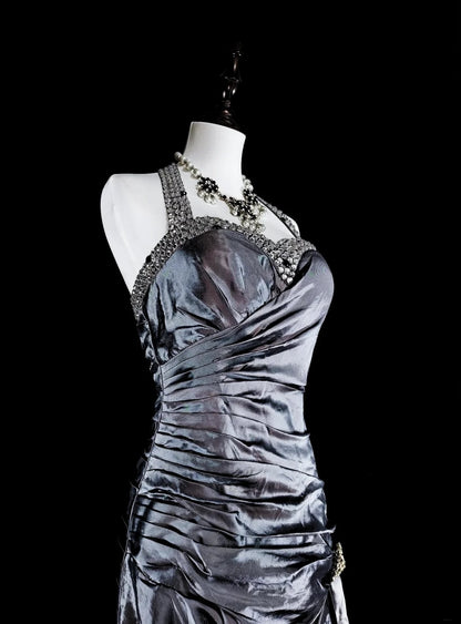 Vintage Prom Dresses Aesthetic Mermaid Halter Grey Taffeta Classic Inspo Formal Party Dress N1998