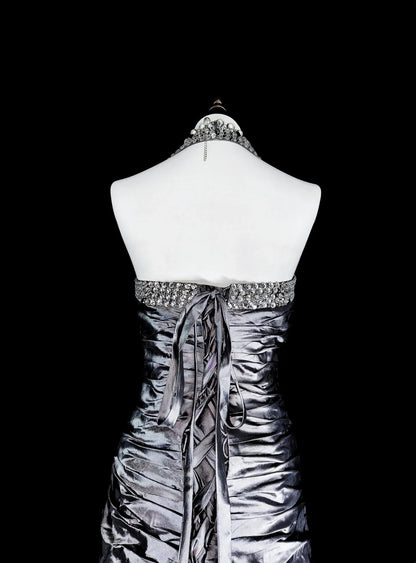 Vintage Prom Dresses Aesthetic Mermaid Halter Grey Taffeta Classic Inspo Formal Party Dress N1998