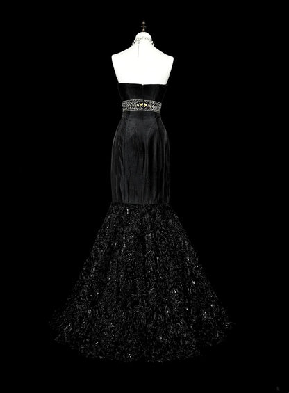 Vintage Prom Dresses Aesthetic 1970s Retro Mermaid Black Satin Long Formal Dress N2151