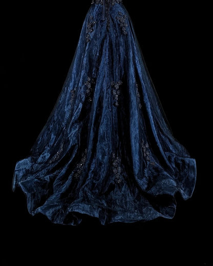 Vintage A line Off The Shoulder Navy Blue Tulle 80s Evening Gowns Formal Birthday Dress Long Prom Dresses N1753