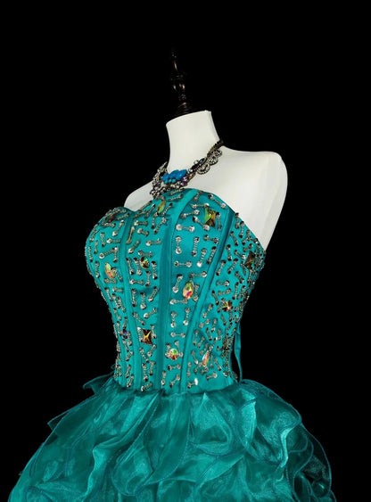Vintage 1760s High Low Sweetheart Green Organza Sleeveless Tiered Layers Long Prom Dresses N1588