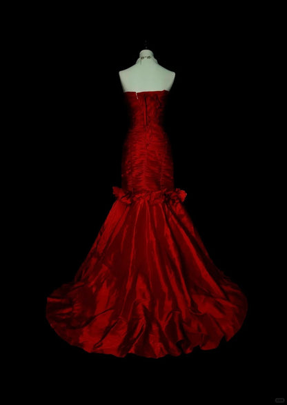 Vintage Mermaid Strapless Red Tulle Appliques Sleeveless 80s Sleeveless Prom Dresses Long Formal Party Gown N1440