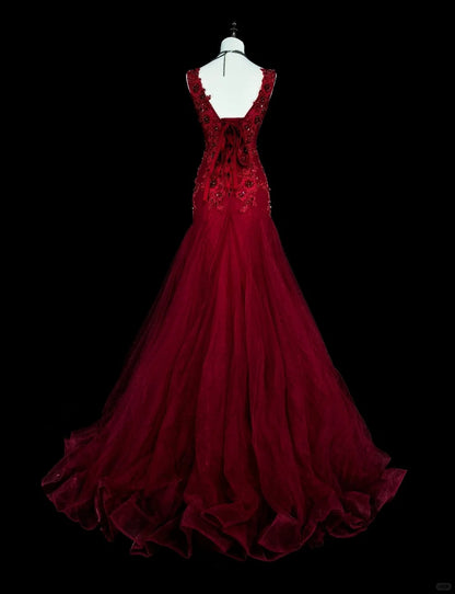 Vintage Prom Dresses Aesthetic 1960s Retro V Neck Mermaid Burgundy Long Party Dress N2146