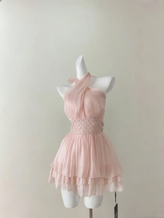 Cute A Line Birthday Dress Pink Halter Homecoming Dress Short Party Outfits RB8178