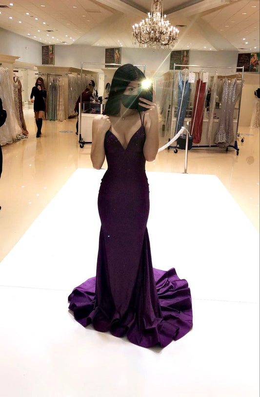 Aesthetic Mermaid Spaghetti Straps Grape Sequins Long Formal Dresses Evening Prom Dress AB667