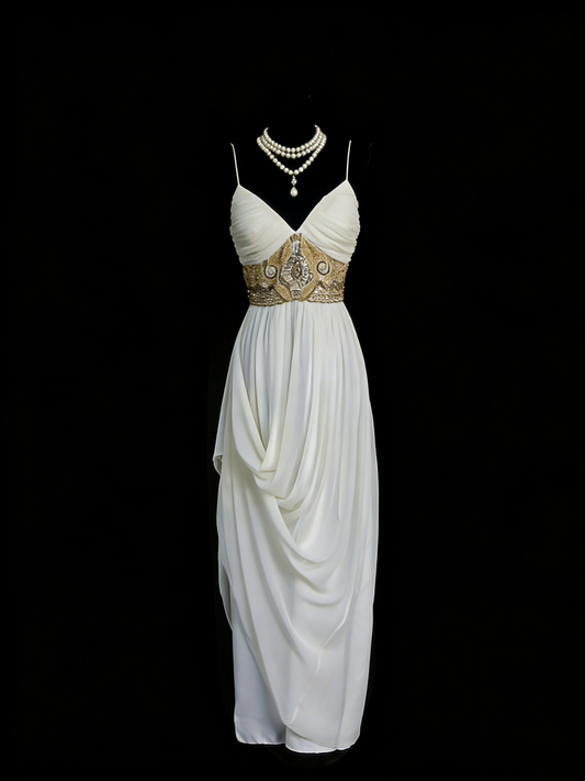 Chic A Line Spaghetti Strap White Chiffon Beads Senior Prom dresses High School Long Formal Dresses N1249