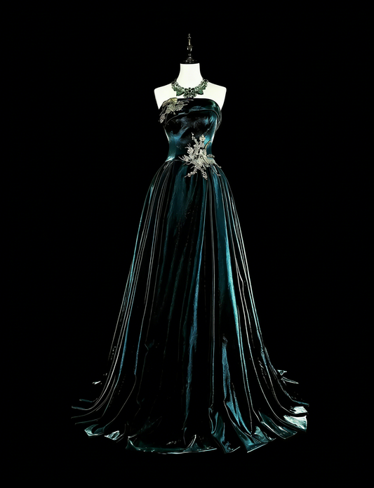 Vintage A line Strapless Dark Green Velvet 70s With Gold Appliques Long Prom Gown Party Wear Dresses N1845
