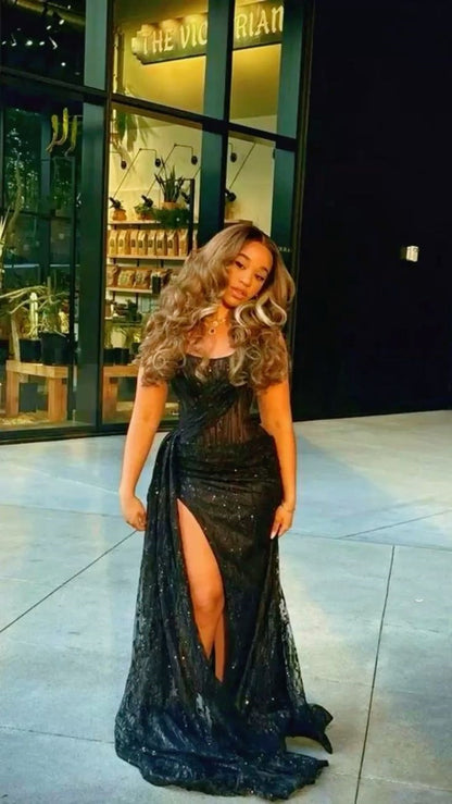 Sexy Mermaid Strapless Sequins Slit Side Black Long Prom Dresses Party Outfits Prom Gown AB126