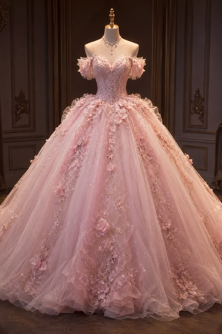 Cute Ball Gown Off The Shoulder Pink Tulle With Appliqued Long Quince Dress Quinceanera Dresses Formal Birthday Outfits RB8206
