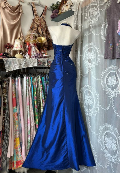 Vintage Halter Sheath Long Prom Dresses Beaded Satin Blue Evening Dresses Sleeveless Birthday Dresses N783