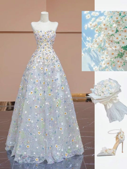 Cute Ball Gown Strapless Floral Tulle For Women Party Dress Long Formal Prom Dresses 20th Birthday Gowns AB1310