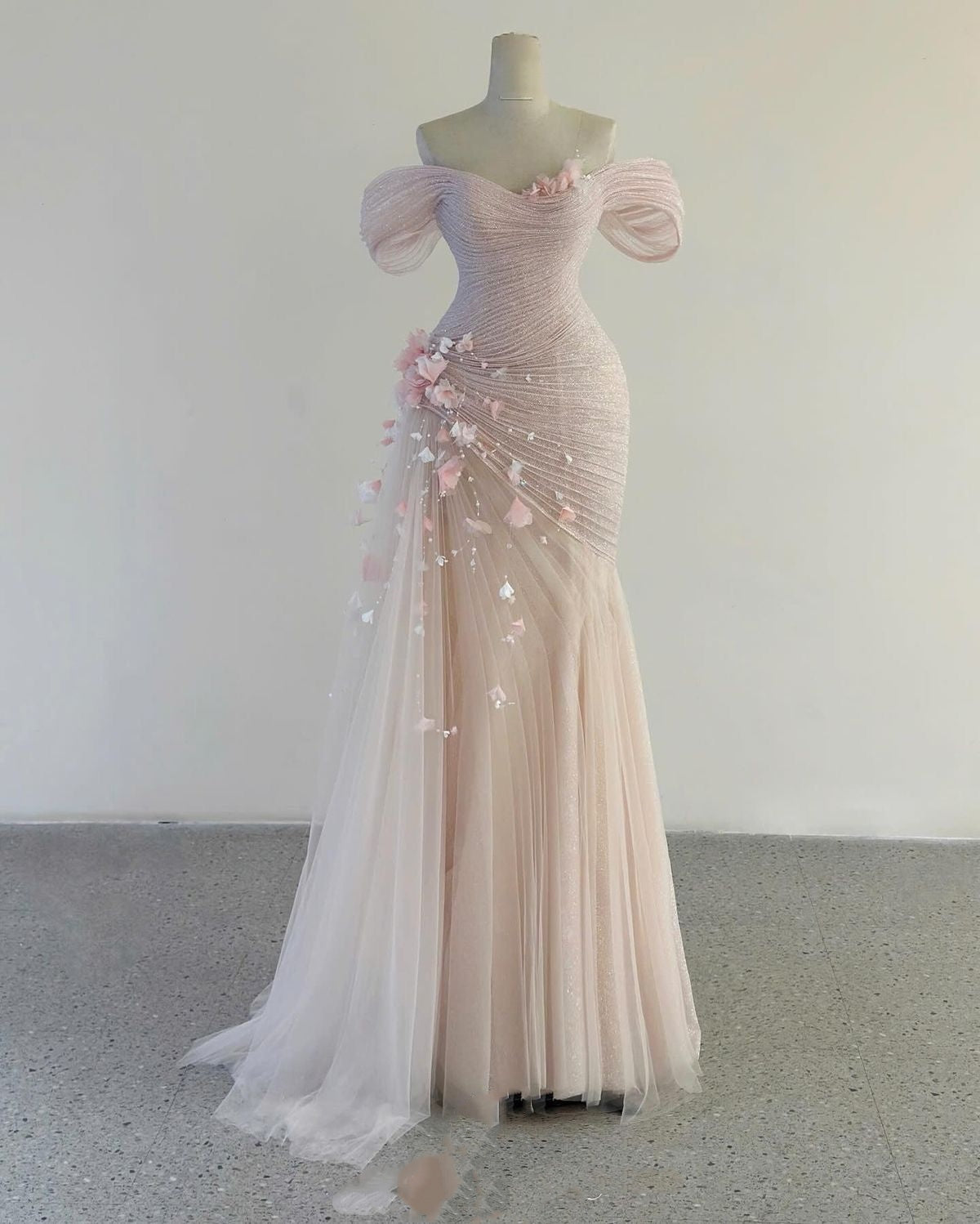 Classy Mermaid Off The Shoulder Light Pink Tulle Prom Dresses Inspo For Teens Formal Dress Party Outfits Prom Gowns AB096
