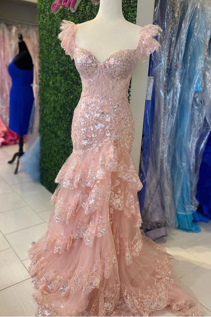 New Women’s Long Prom Dress Mermaid Sweetheart Blush Pink Lace Elegant Formal Graduation Party Gown RC0190
