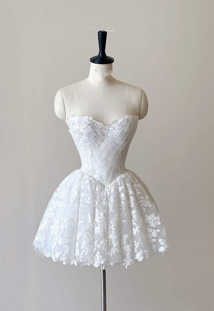 Sweet Ball Gown Sweetheart Tulle White Lace Senior High School Grad Homecoming Dresses Short Wedding Dress RB4425