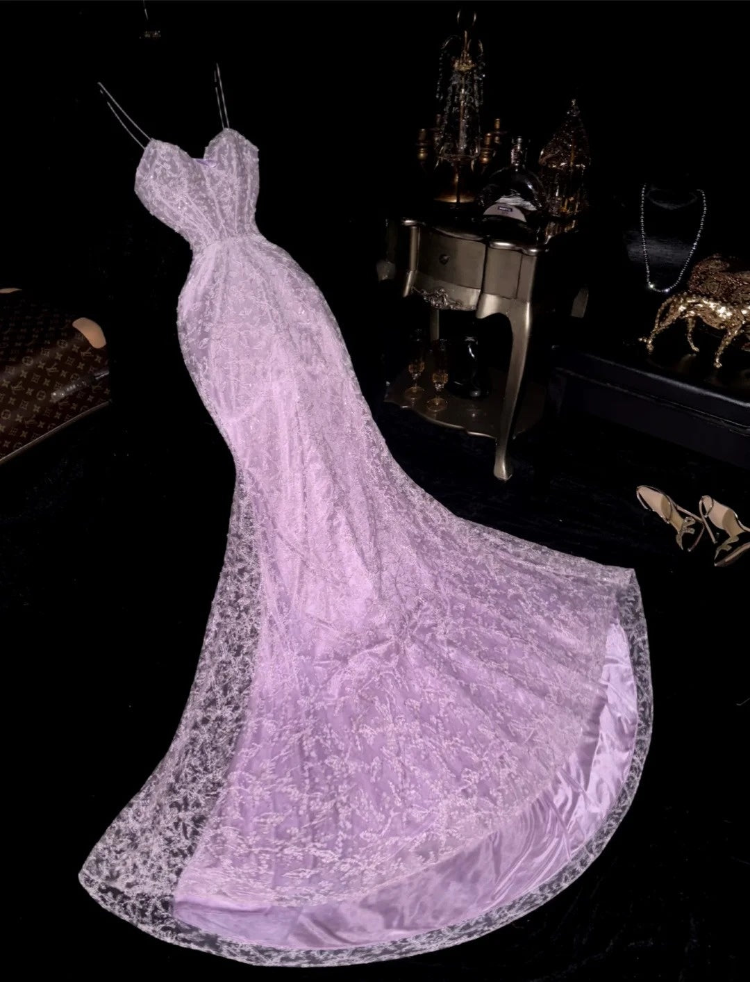 Luxurious Mermaid Spaghetti Straps Lilac Lace Long School Dances Prom Dresses 8th Grade Formal Outfits Evening Gown RB8421