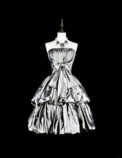 Vintage Ball Gown Strapless Silver Gray Taffeta Short Inspo 2000s Hoco Gowns Inspo Homecoming Dresses N1612