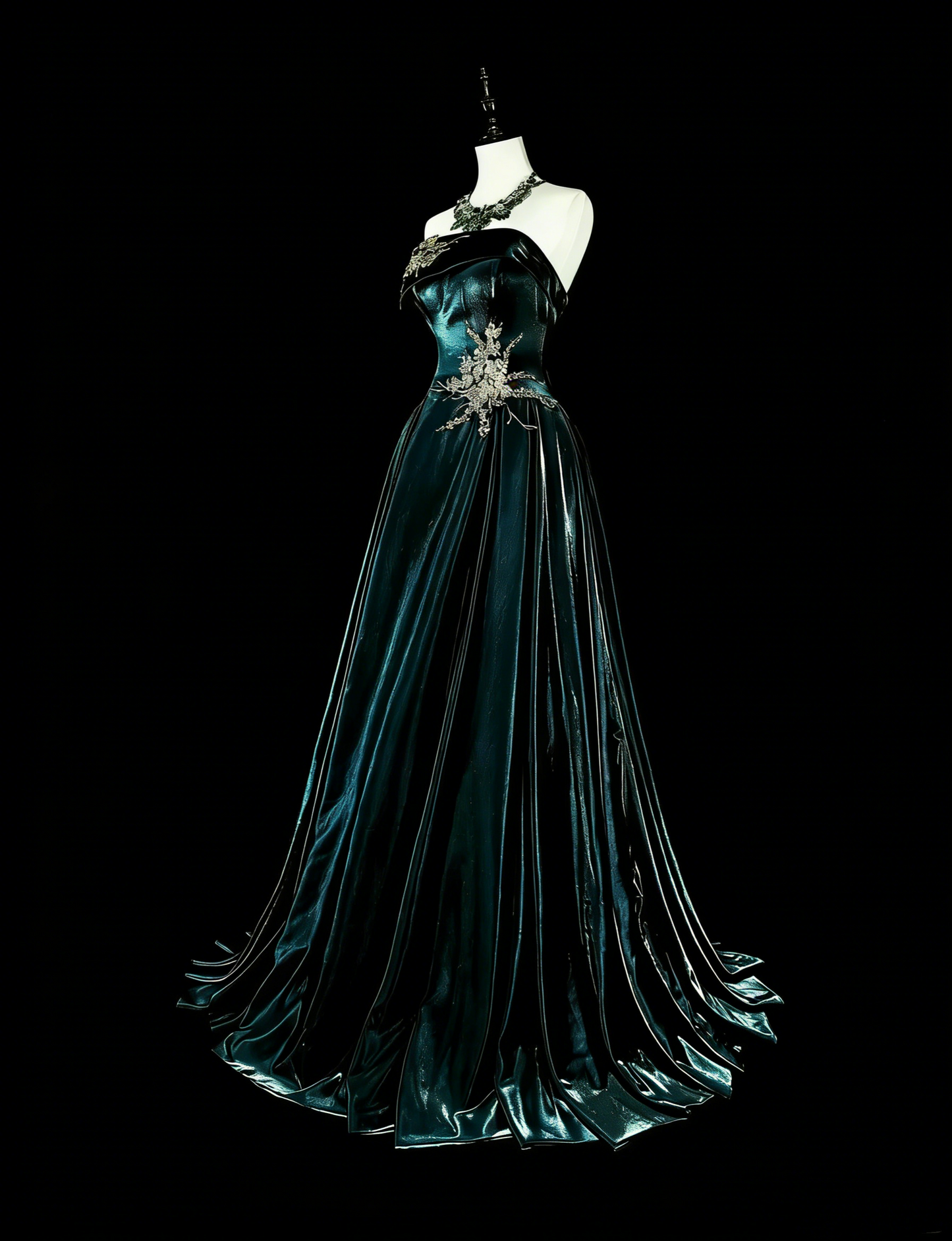 Vintage A line Strapless Dark Green Velvet 70s With Gold Appliques Long Prom Gown Party Wear Dresses N1845