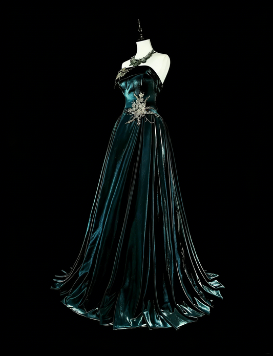 Vintage A line Strapless Dark Green Velvet 70s With Gold Appliques Long Prom Gown Party Wear Dresses N1845