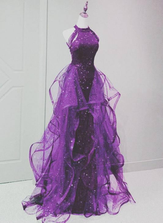 Retro Ball Gown High Neck Grape Tulle With Tassel Evening For Women Party Dresses Long Formal Prom Dresses 21st Birthday Gowns AB1304