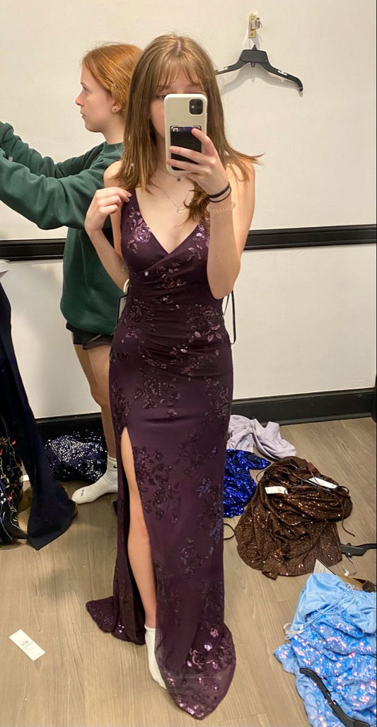 Elegant Sheath Spaghetti Straps Grape Lace Long Slit Prom Dresses Vestidos De Dia AB589