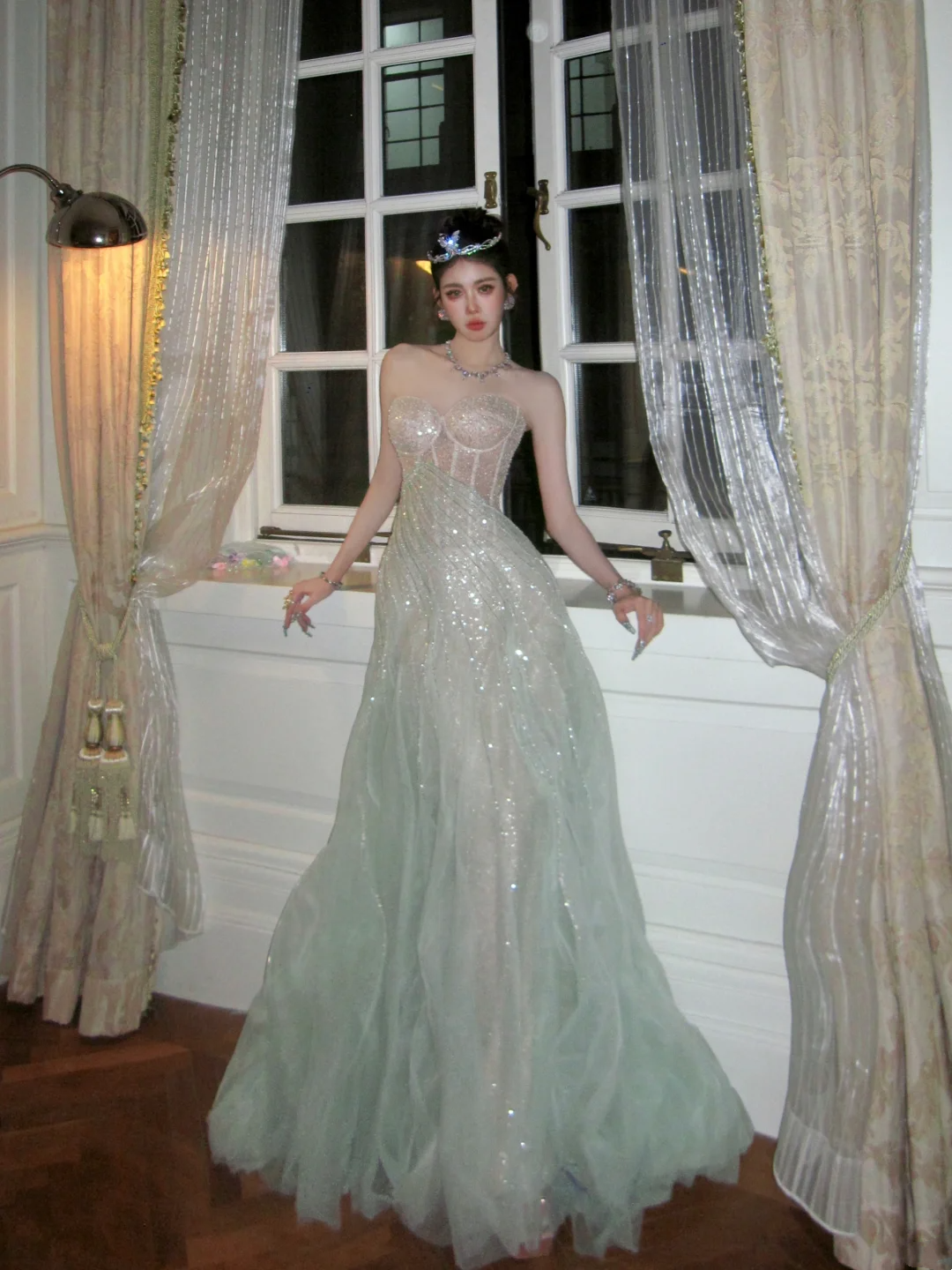 Glitter A line Strapless Green With Beaded Crystals Prom Dress Aesthetic Long Graduation Evening Outfits N069