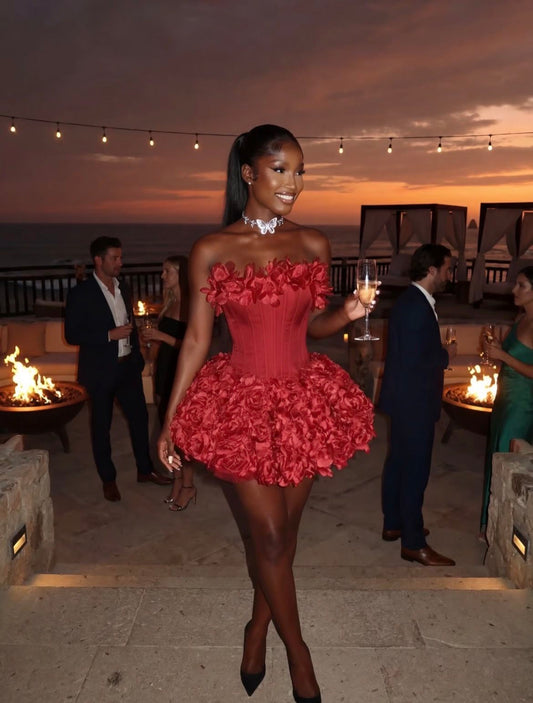 Sexy Ball Gown Strapless Red With Flowers Mini Homecoming Dresses Freshman High Shool Grad Hoco Outfit RB4556