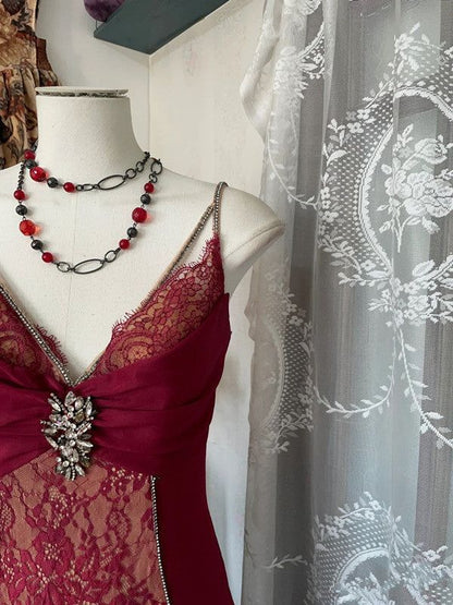 Vintage V Neck Lace Burgundy Long Prom Dress Mermaid Evening Party Gown Dance Outfits N535