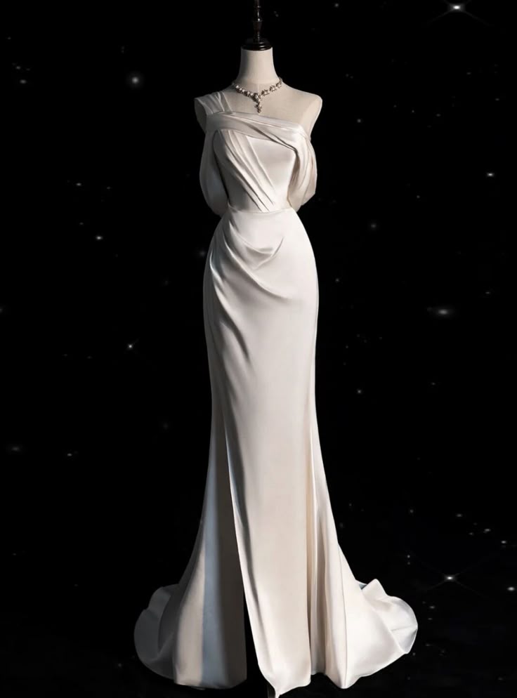 Mermaid Ivory White Satin One Shoulder Pleats Wedding Dress AB973