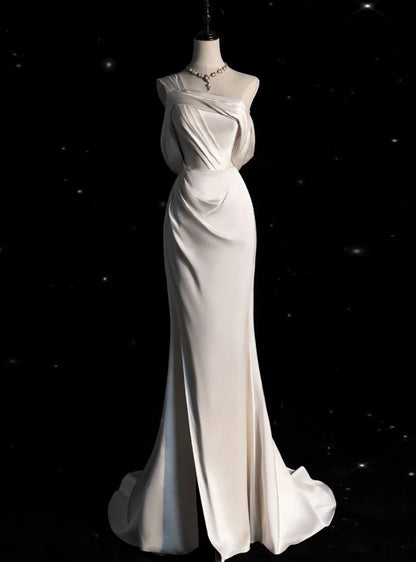 Mermaid Ivory White Satin One Shoulder Pleats Wedding Dress AB973